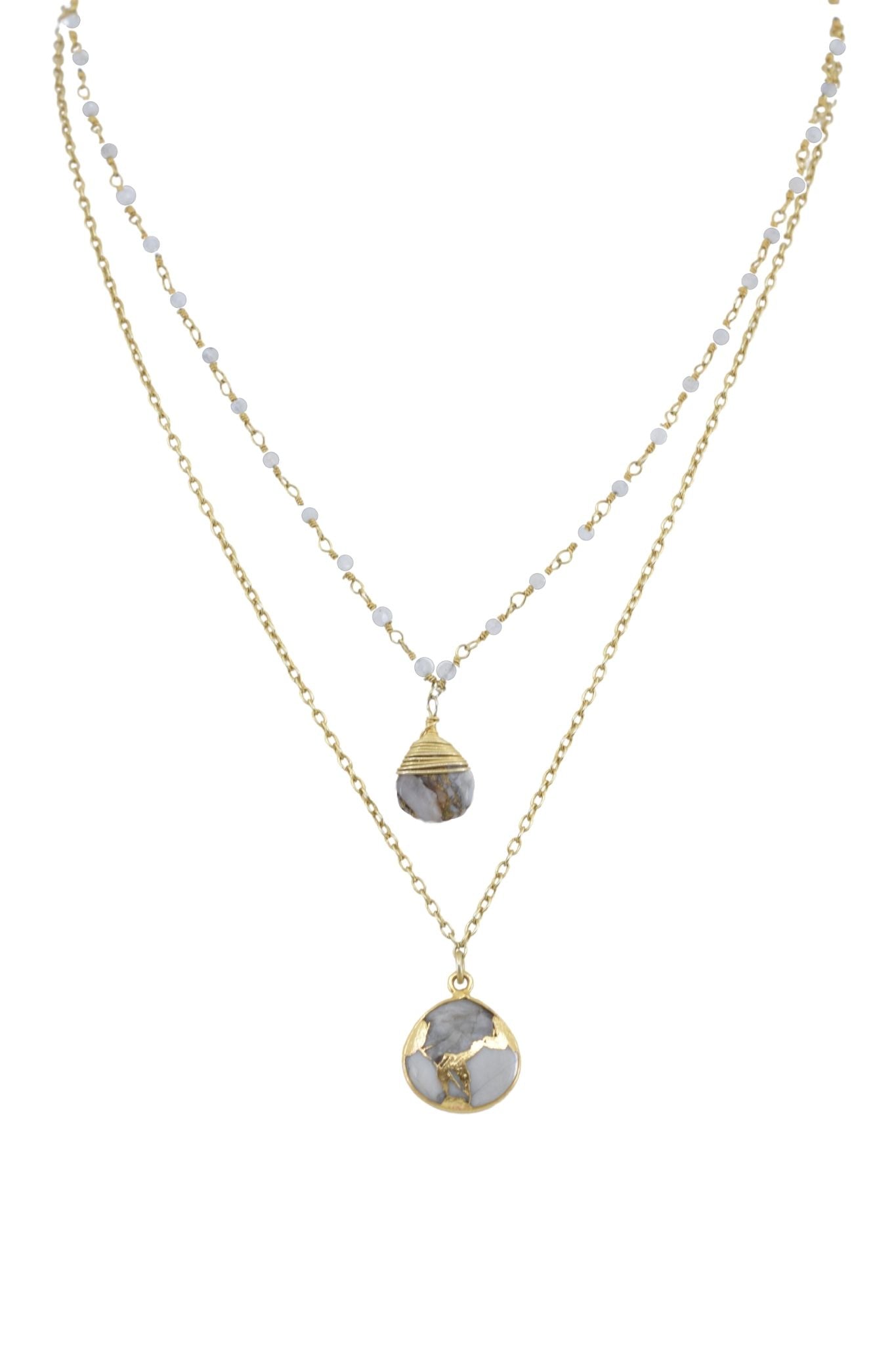 Double Strand Moonstone and Turquoise Gold Necklace