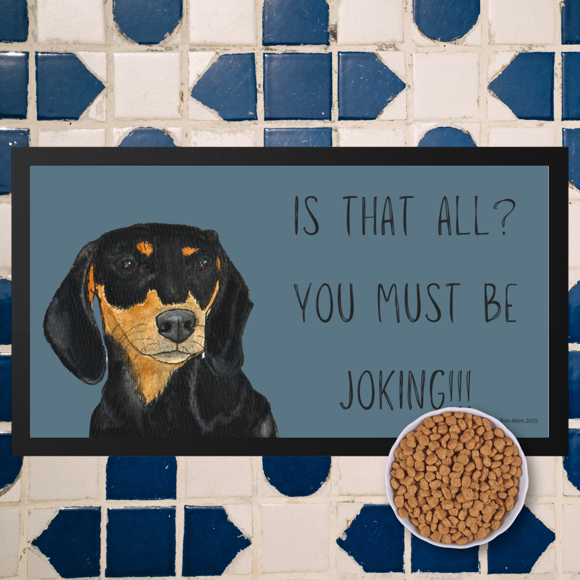 Black & Tan Dachshund Dining Drama – Hilarious Pet Bowl Mat!