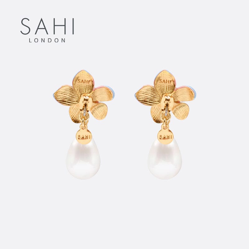 Peach Lily Flower Pearl Drop Earrings in Gold