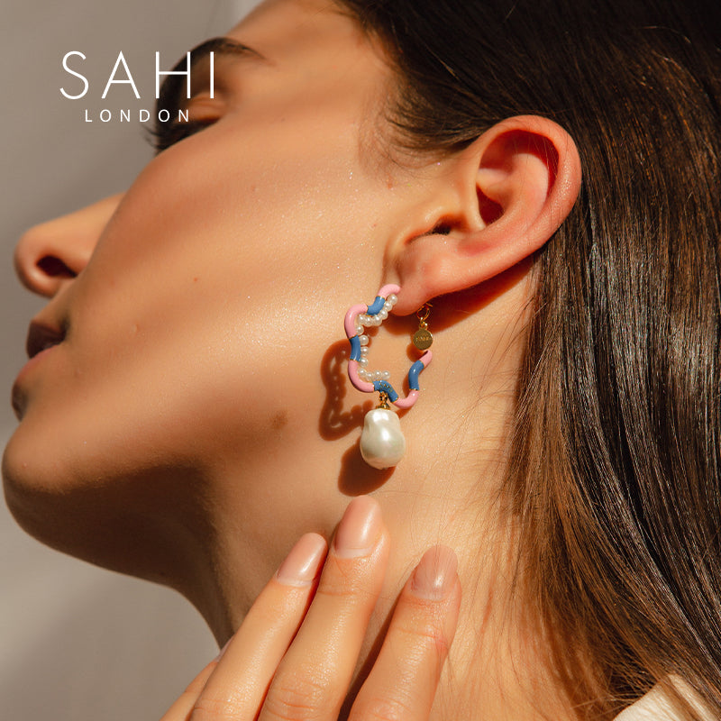 Fantasy Starfish Pearl Hoop Earrings in Blue and Pink