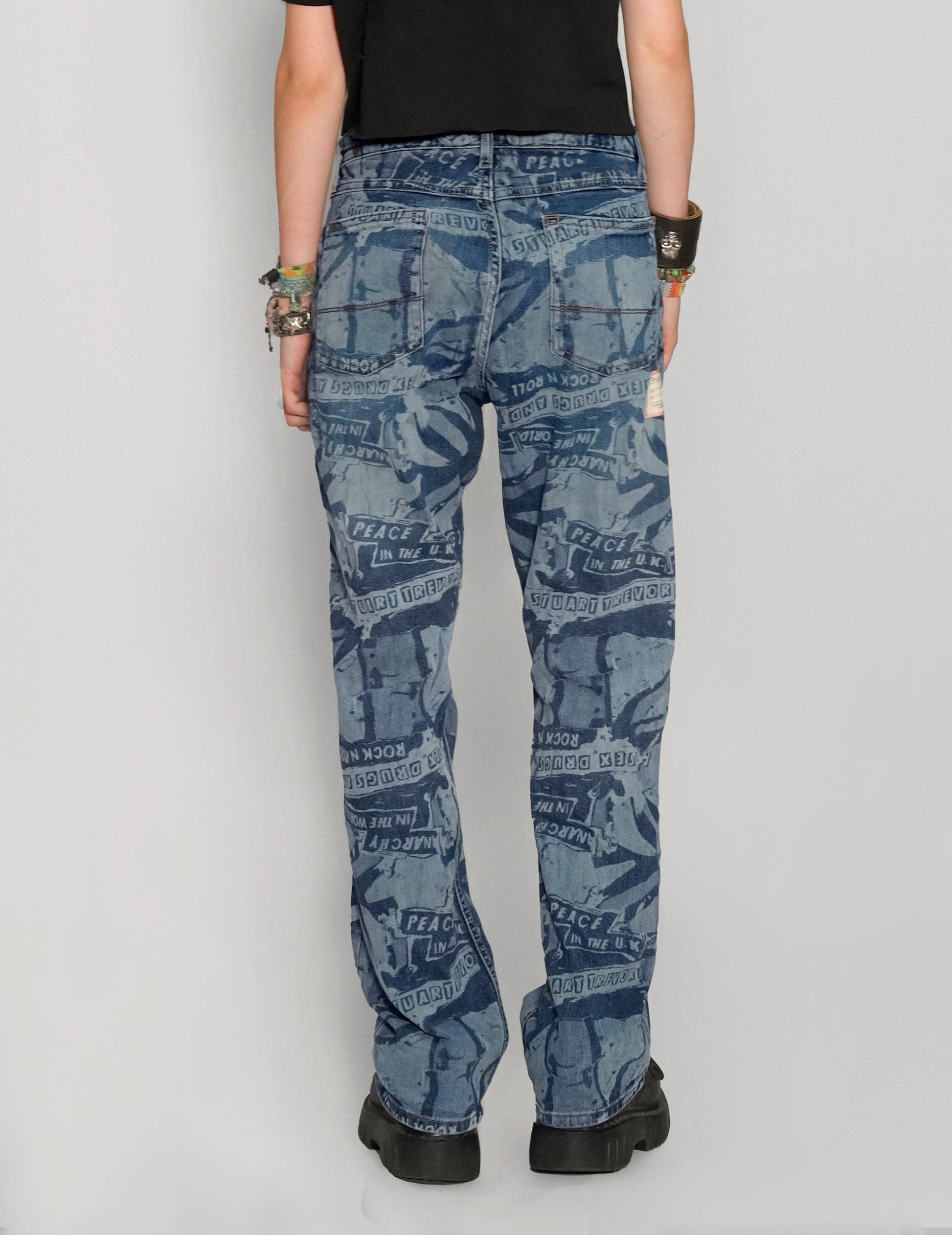 'Peace' Laser Print Jeans in Blue