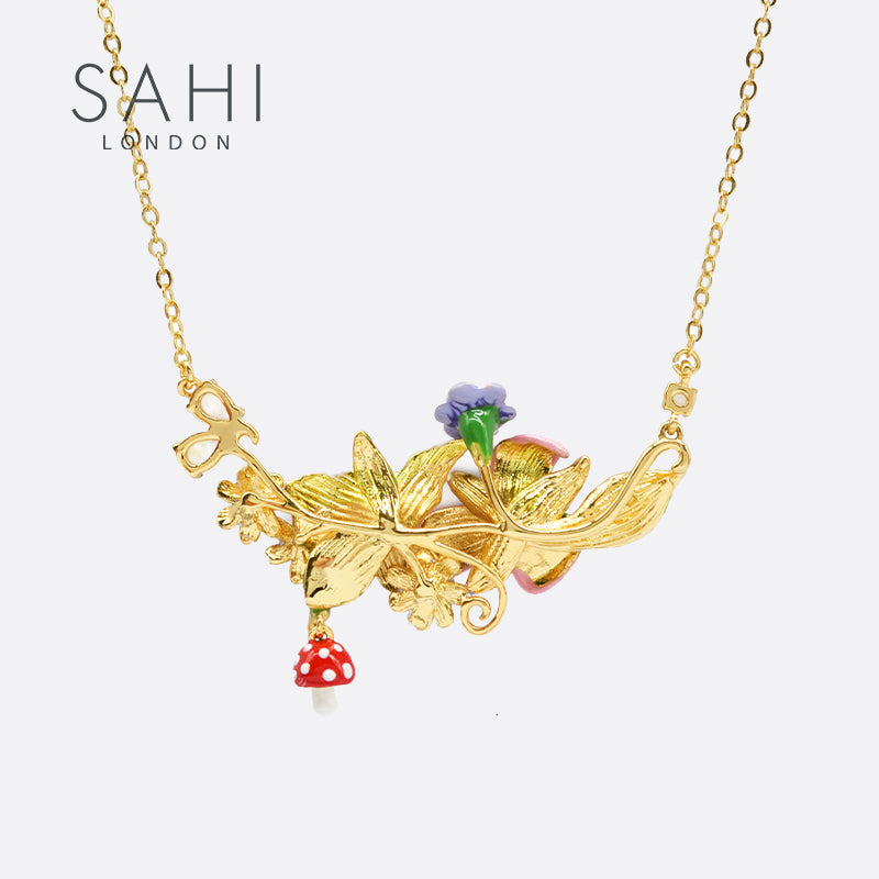 Enchanting Garden Pendant Necklace Hand Enameled Gold Plated