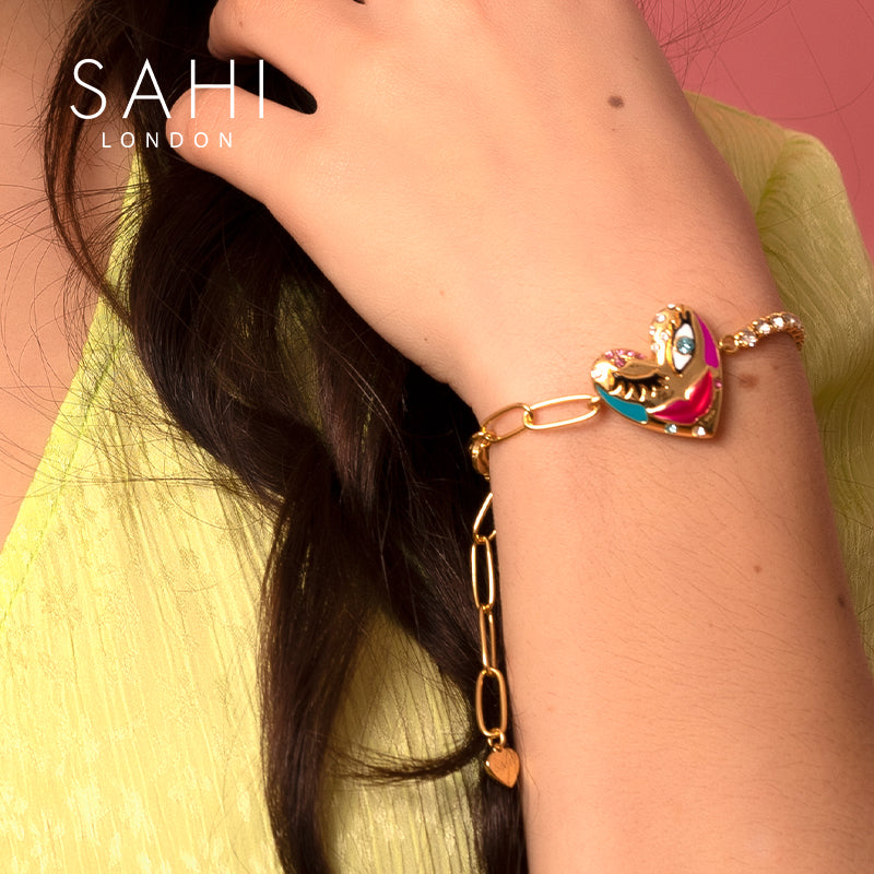 Love Affair Enamel Chain and Link Bracelet in Gold