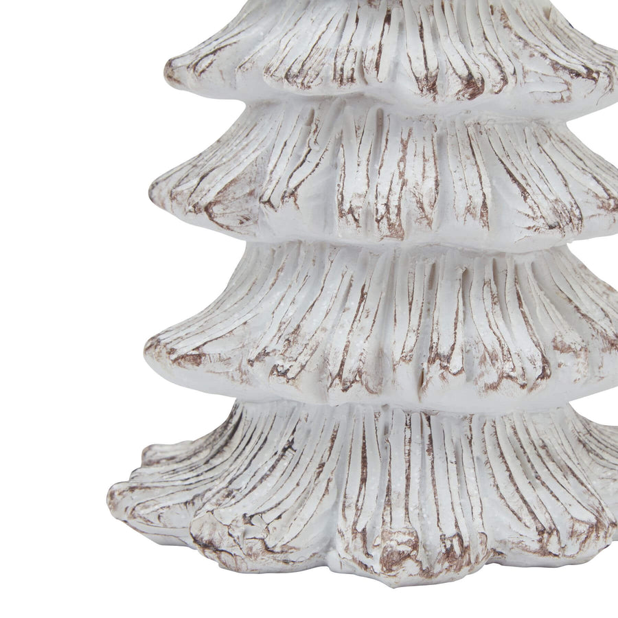 Handcrafted snowy fir tree sculpture in white resin with lifelike snow-dusted evergreen branches, winter decor centerpiece by Sostter at brixbailey.com