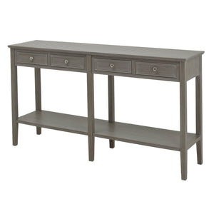 Distressed grey four-drawer console table with solid wood construction, transitional design for living room storage by Sostter at brixbailey.com