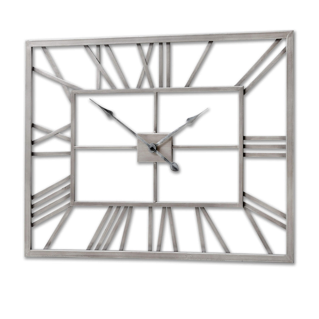 Modern silver skeleton wall clock with Roman numerals and open metal framework for industrial or minimalist decor  by Sostter at brixbailey.com