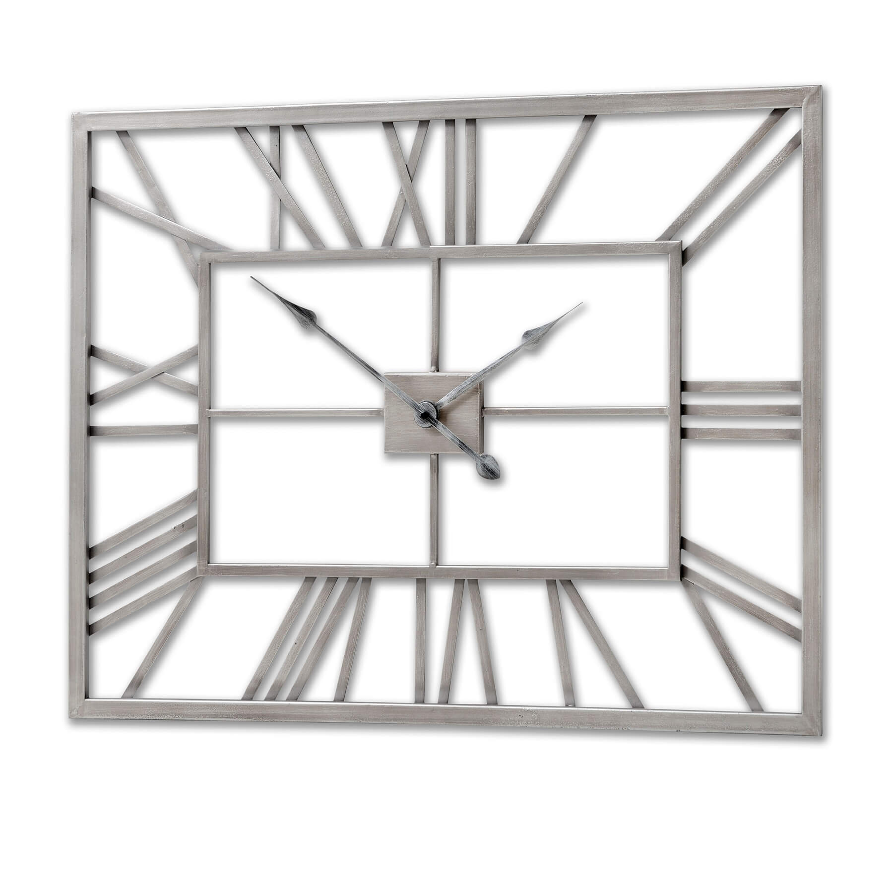 Modern silver skeleton wall clock with Roman numerals and open metal framework for industrial or minimalist decor  by Sostter at brixbailey.com