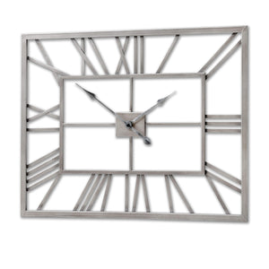 Modern silver skeleton wall clock with Roman numerals and open metal framework for industrial or minimalist decor  by Sostter at brixbailey.com