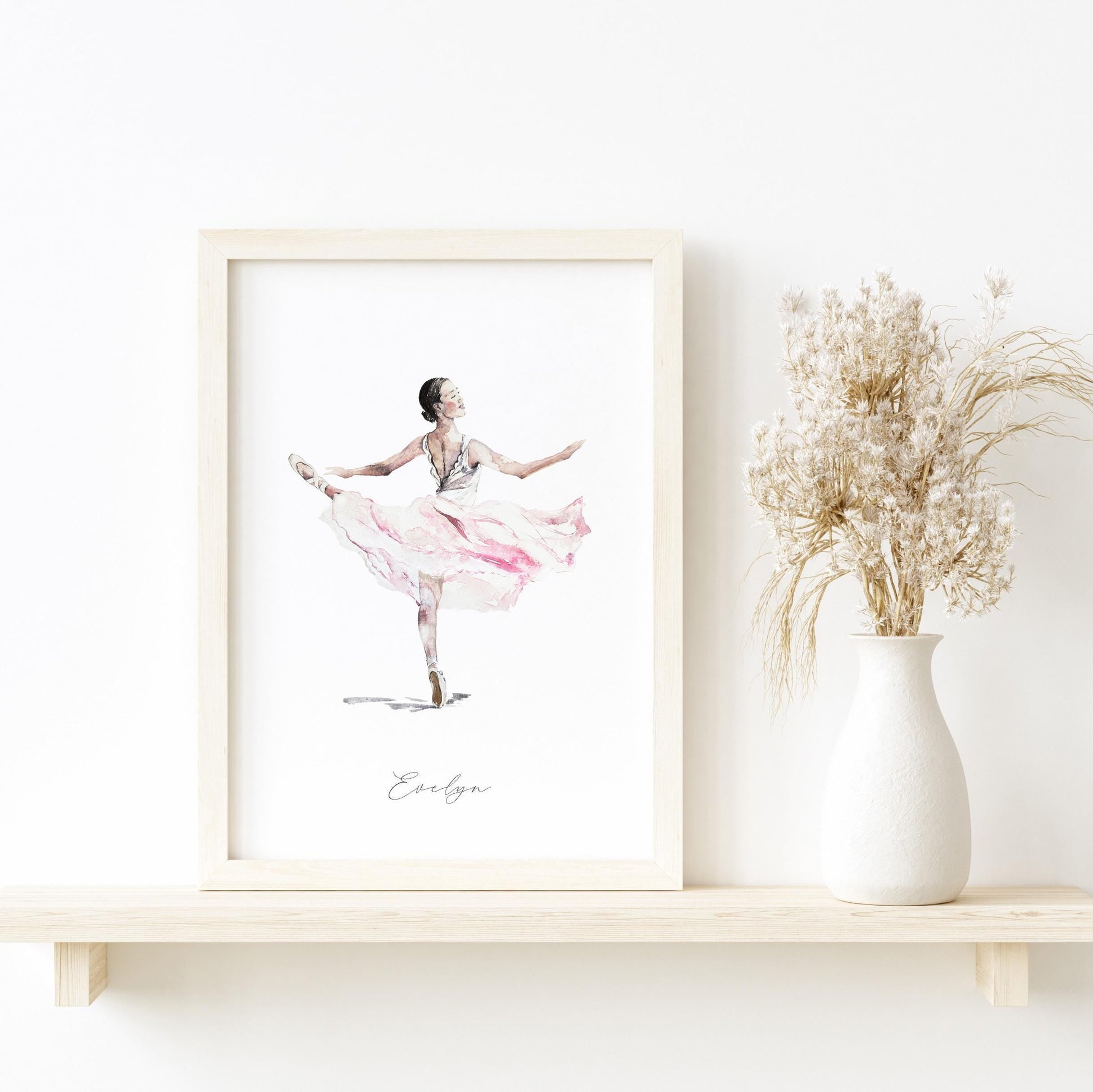 Hand-Painted Ballerina Illustration Print – Dance-Inspired Art for Nursery, Bedroom, or Playroom (Unframed or Framed Options)