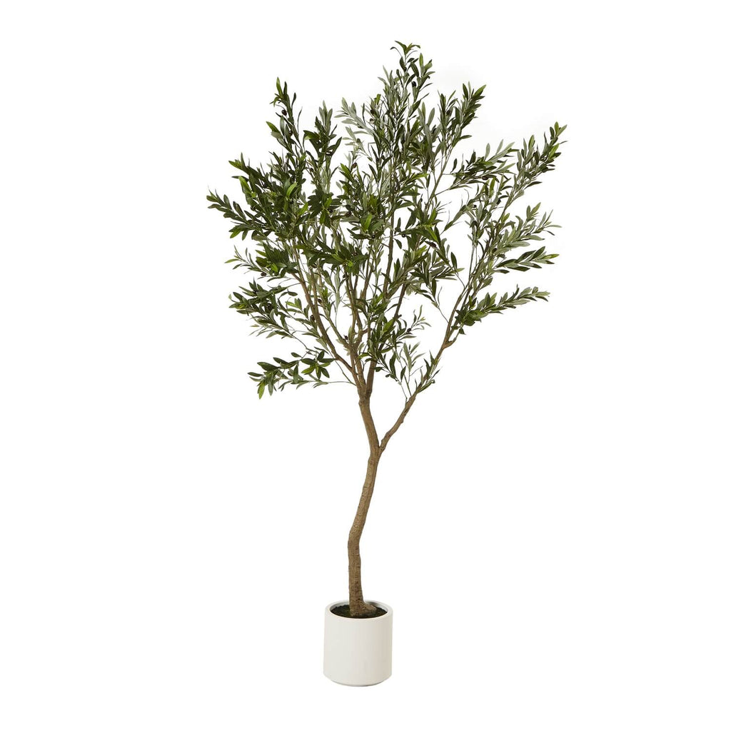 240cm artificial Apulia olive tree with gnarled trunk, silvery-green leaves, and lifelike olives in white pot by Sostter at brixbailey.com
