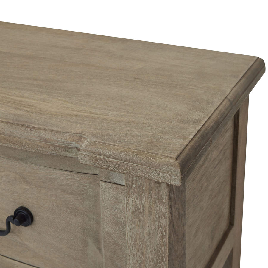 French provincial hardwood console with bleached finish, black iron handles, and spacious drawer by Sostter at brixbailey.com