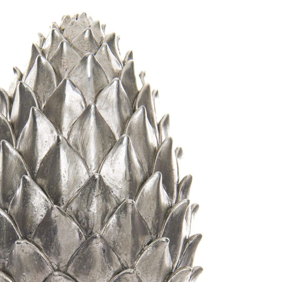 Handcrafted silver ceramic pinecone finial, 30 cm tall, with intricate texture and light-reflecting finish for home dÃ©cor. by Sostter at brixbailey.com
