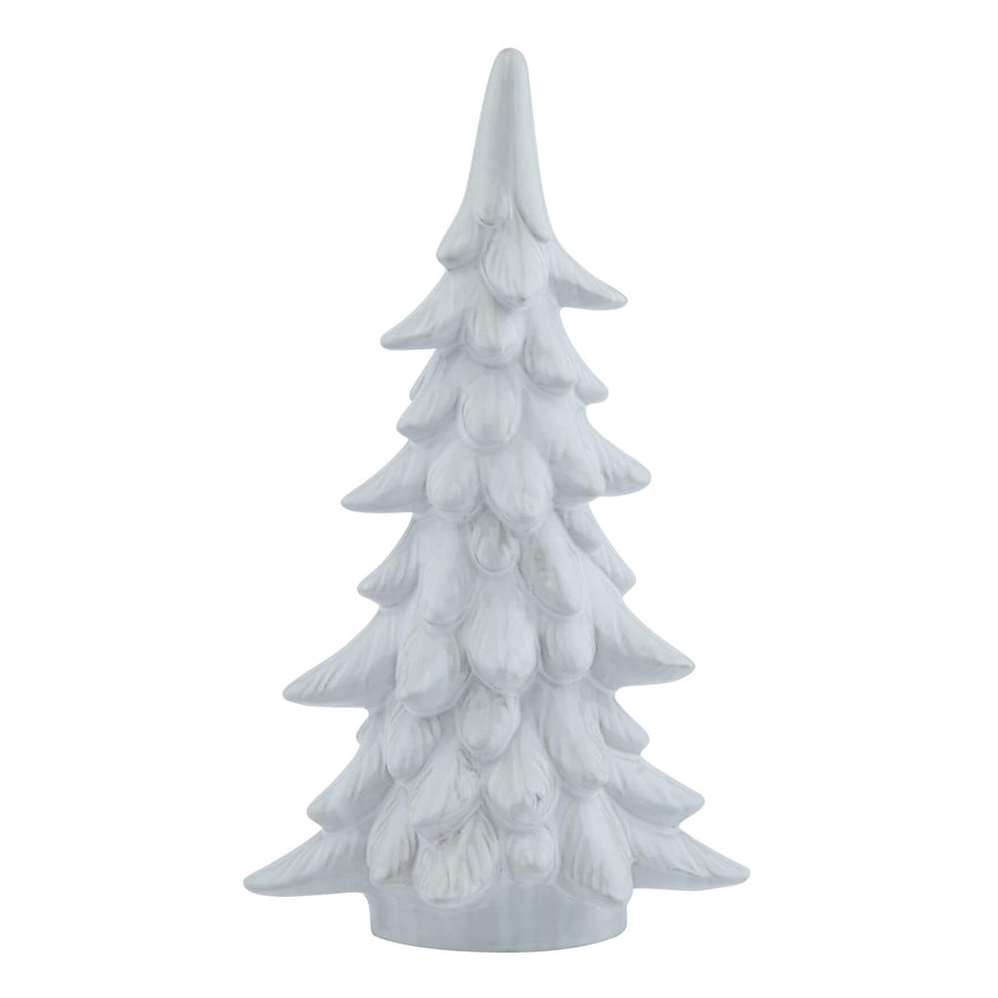 Handcrafted snow-dusted fir tree with crystalline accents, 35 cm tall, resin winter decor centerpiece in pure white. by Sostter at brixbailey.com