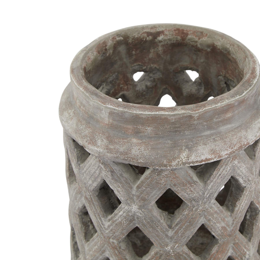 Handcrafted Siena brown ceramic lattice lantern with geometric patterns, 23cm tall, casting decorative shadow patterns. by Sostter at brixbailey.com