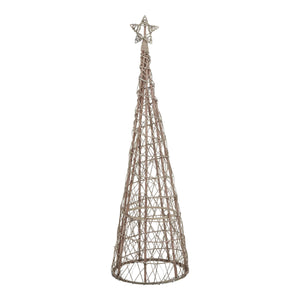 Handwoven wicker Christmas tree centerpiece with warm LED lights, rustic brown finish, and star topper, 130cm tall by sostter at brixbailey.com
