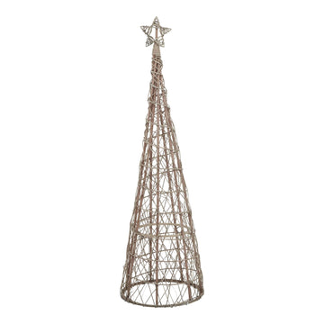 Handwoven wicker Christmas tree centerpiece with warm LED lights, rustic brown finish, and star topper, 130cm tall by Sostter at brixbailey.com
