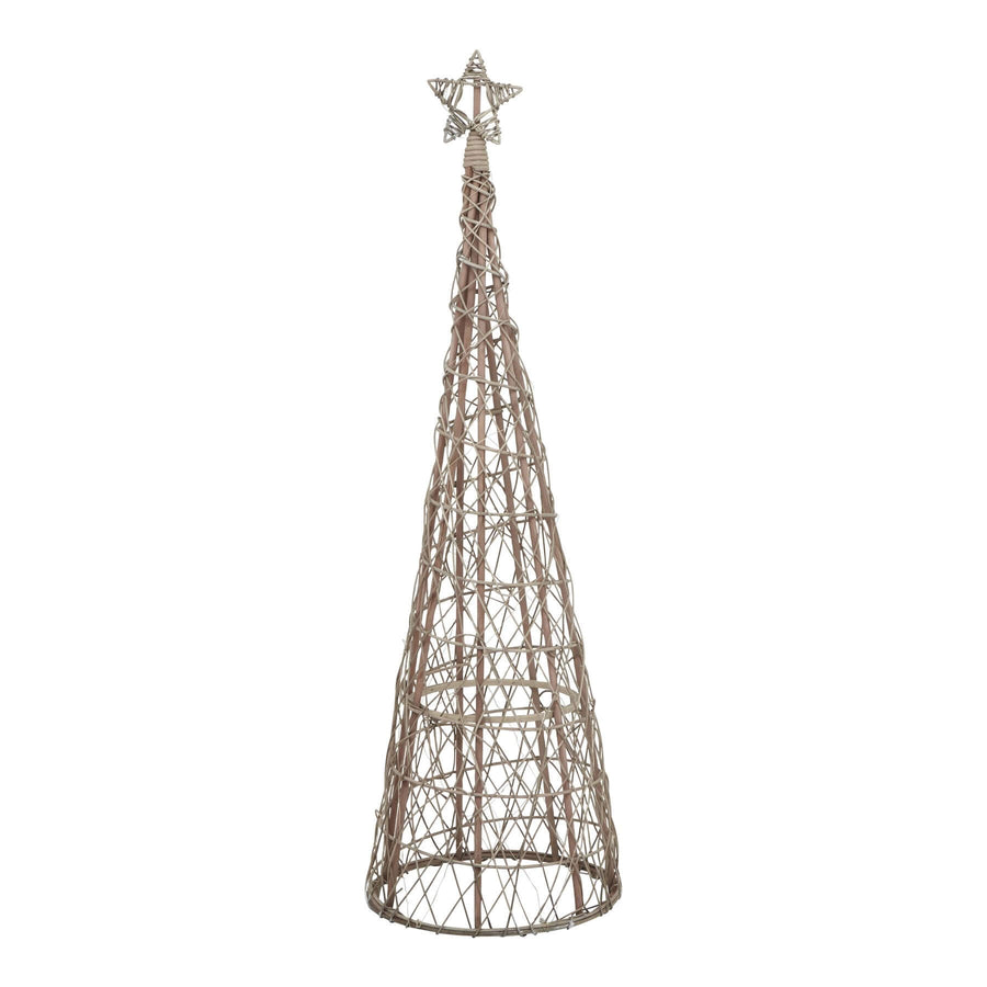Handwoven wicker Christmas tree centerpiece with warm LED lights, rustic brown finish, and star topper, 130cm tall by Sostter at brixbailey.com