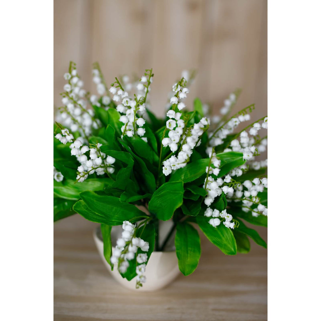 Lifelike white Lily of the Valley artificial flowers with green foliage, 32cm tall, perfect for home decor by Sostter at brixbailey.com