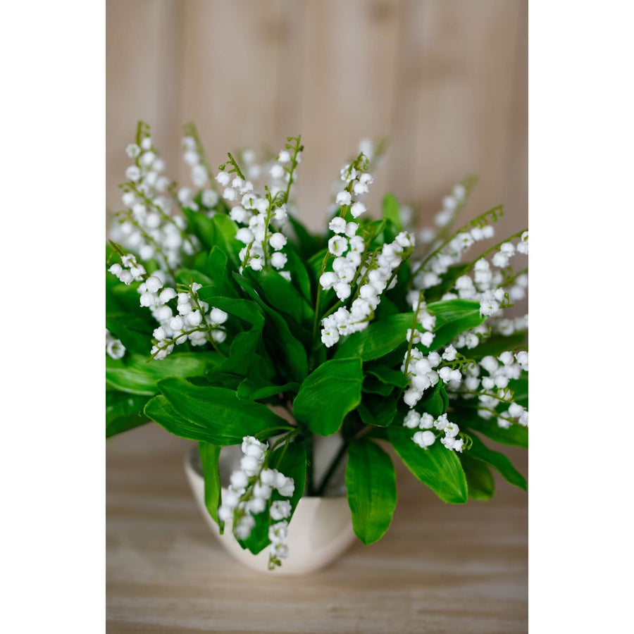 Lifelike white Lily of the Valley artificial flowers with green foliage, 32cm tall, perfect for home decor by Sostter at brixbailey.com