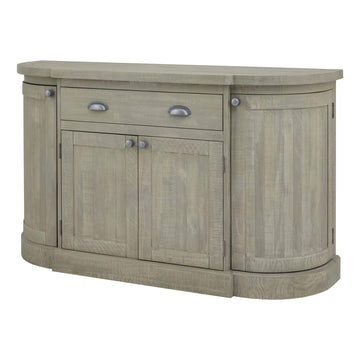 Curved wooden sideboard in warm grey with organic modern design and hand-finished pine, 153cm wide. by Sostter at brixbailey.com