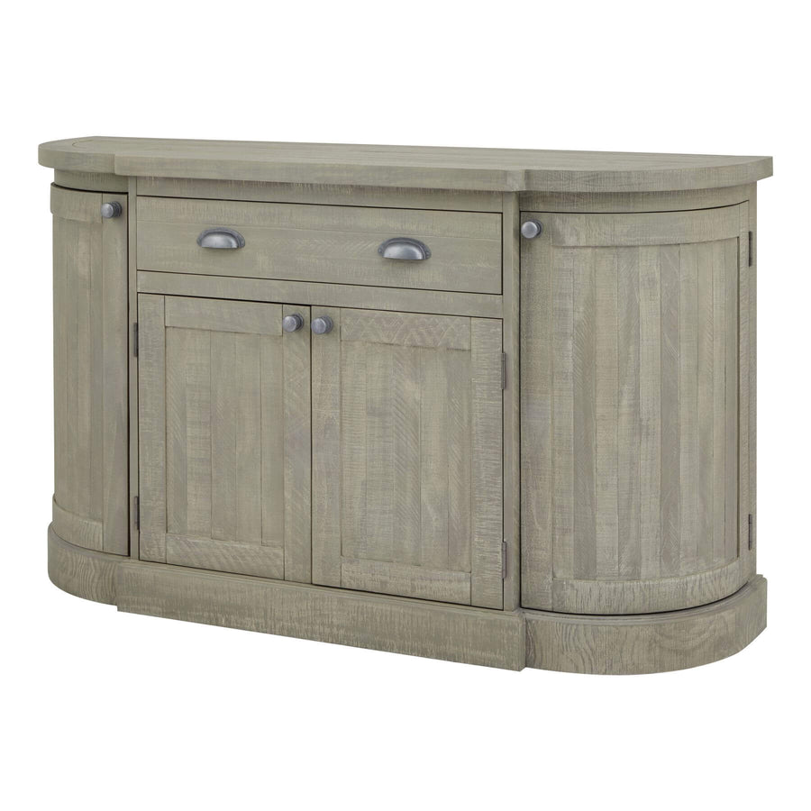 Curved wooden sideboard in warm grey with organic modern design and hand-finished pine, 153cm wide. by Sostter at brixbailey.com