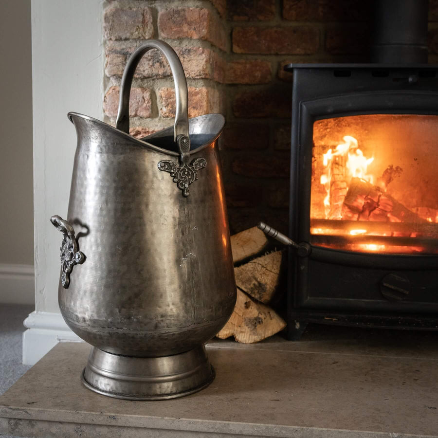 Antique pewter coal bucket with gunmetal finish, intricate leaf motifs, perfect as firewood holder or decorative planter by Sostter at brixbailey.com