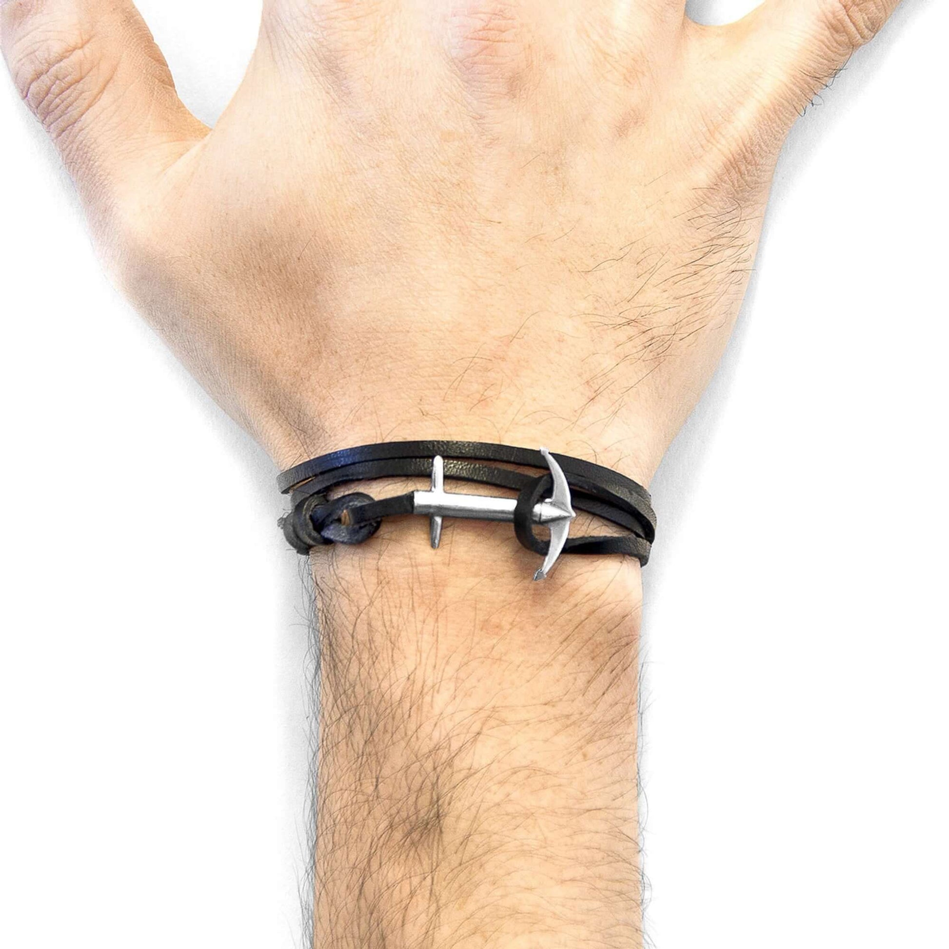 Elevate Your Style with the Coal Black Admiral Anchor Silver and Flat Leather Bracelet - Crafted in Great Britain for Modern Elegance by ANCHOR & CREW at www.brixbailey.com