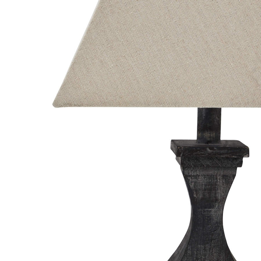 Handcrafted Incia table lamp with grey-washed wood base and natural linen shade for modern or rustic decor. by Sostter at brixbailey.com