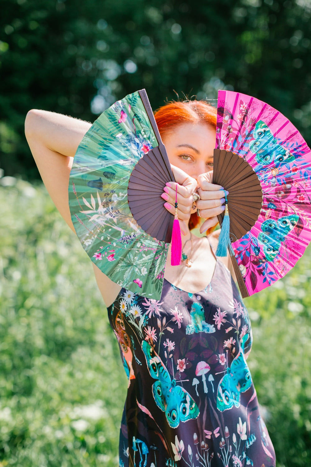 Hot Pink Fuchsia Silk Folding Hand Fan with Butterfly and Mushroom Artwork
