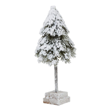 Handcrafted snowy cedar tree sculpture with realistic branches and wood base, perfect for winter decor. by Sostter at brixbailey.com