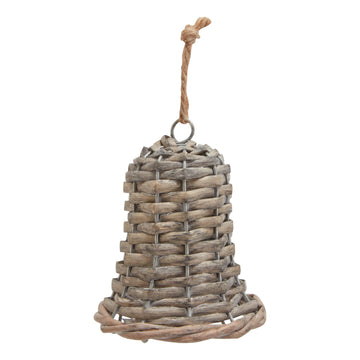 Handwoven natural wicker Christmas bell ornament in warm brown, 8 cm tall, with rustic textured design for holiday decor. by Sostter at brixbailey.com