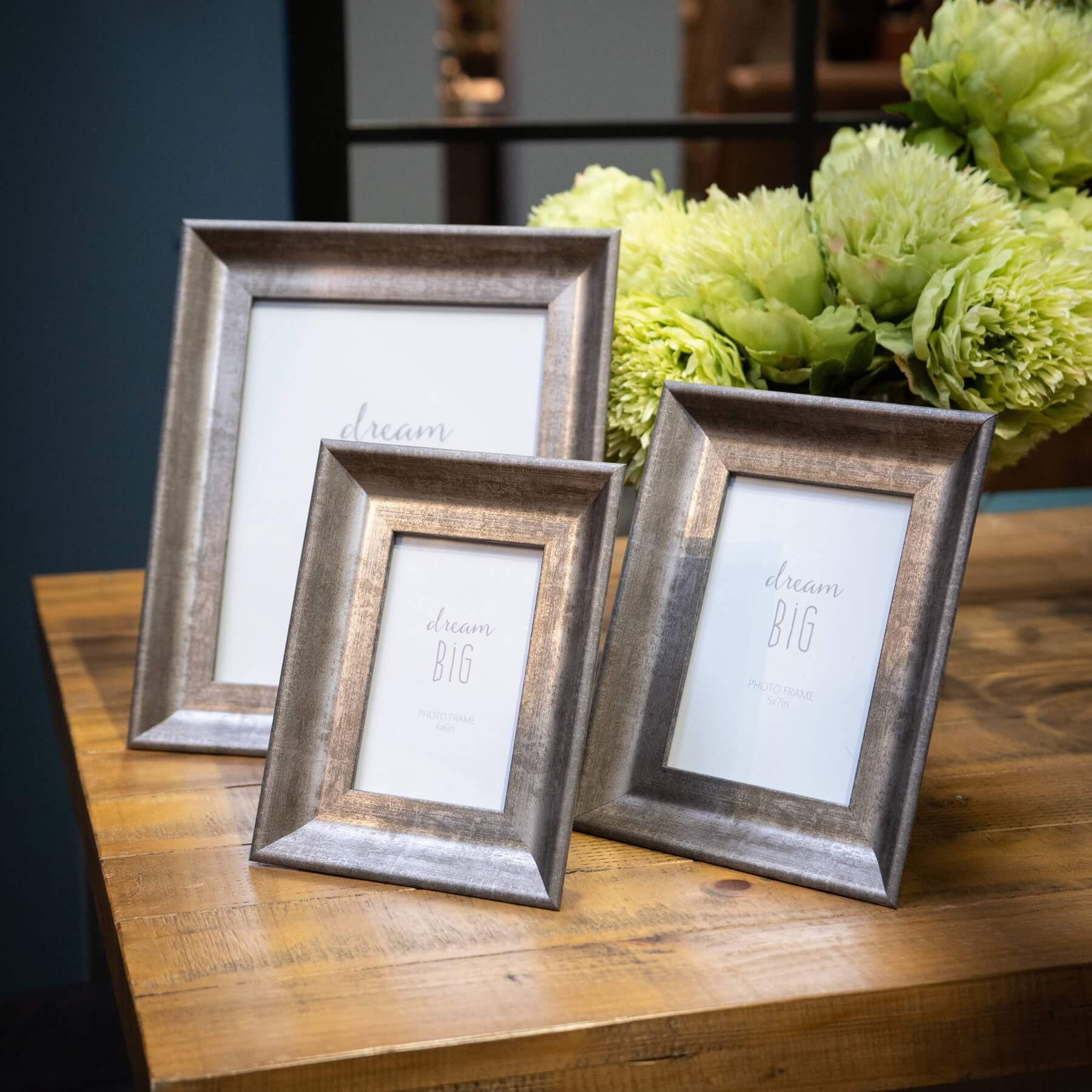 Convex matt silver photo frame with distressed finish, solid wood, 4x6 size, elegant dimensional display for portraits by RoomLondon at brixbailey.com