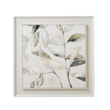 White-framed square botanical canvas painting with dappled leaves in earthy browns and neutrals, 100cm x 100cm by Sostter at brixbailey.com