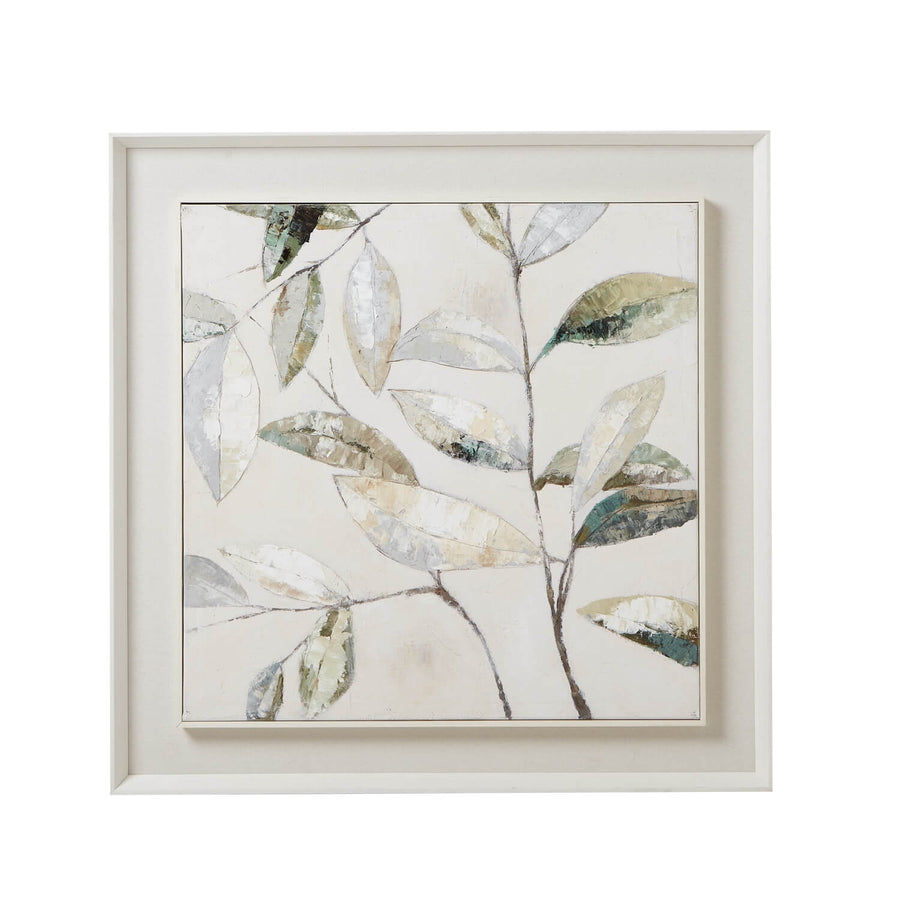White-framed square botanical canvas painting with dappled leaves in earthy browns and neutrals, 100cm x 100cm by Sostter at brixbailey.com