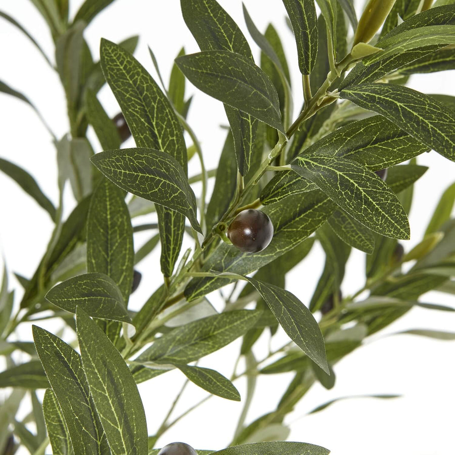 Artificial Apulia olive tree, 180cm with silvery-green leaves, brown trunk, and white pot â€“ lifelike Mediterranean decor by Sostter at brixbailey.com