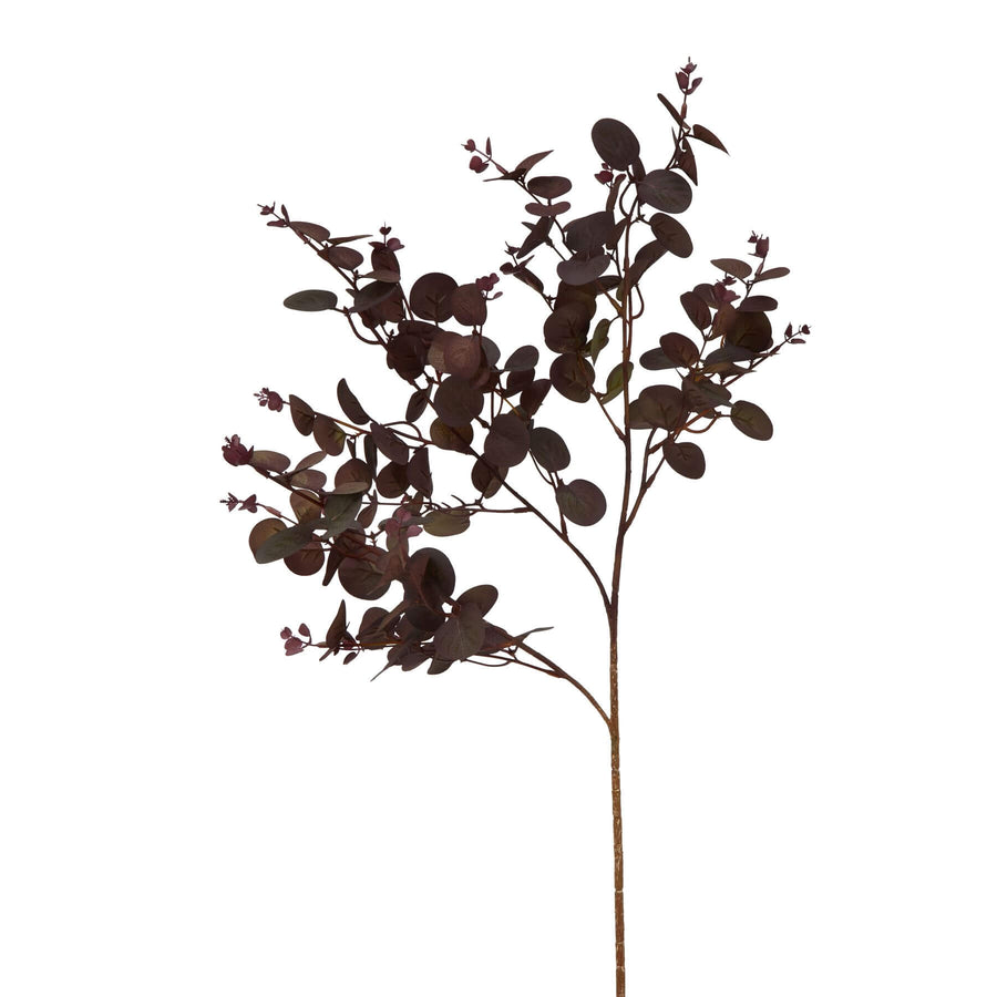 Burgundy artificial eucalyptus stem with lifelike leaves, deep wine color, and sculptural branches for home decor by Sostter at brixbailey.com