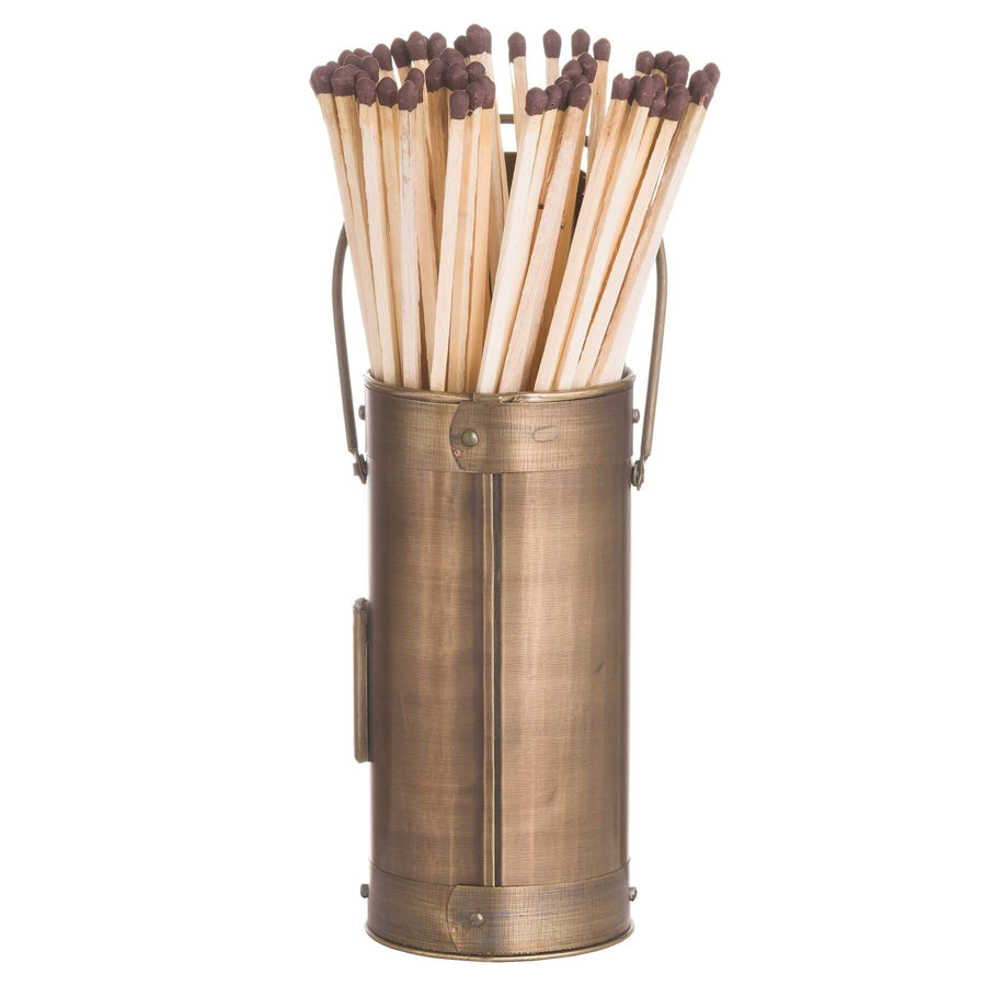 Antique bronze match holder with 60 long matches, handcrafted wood design for fireplaces and candle lighting by Sostter at brixbailey.com