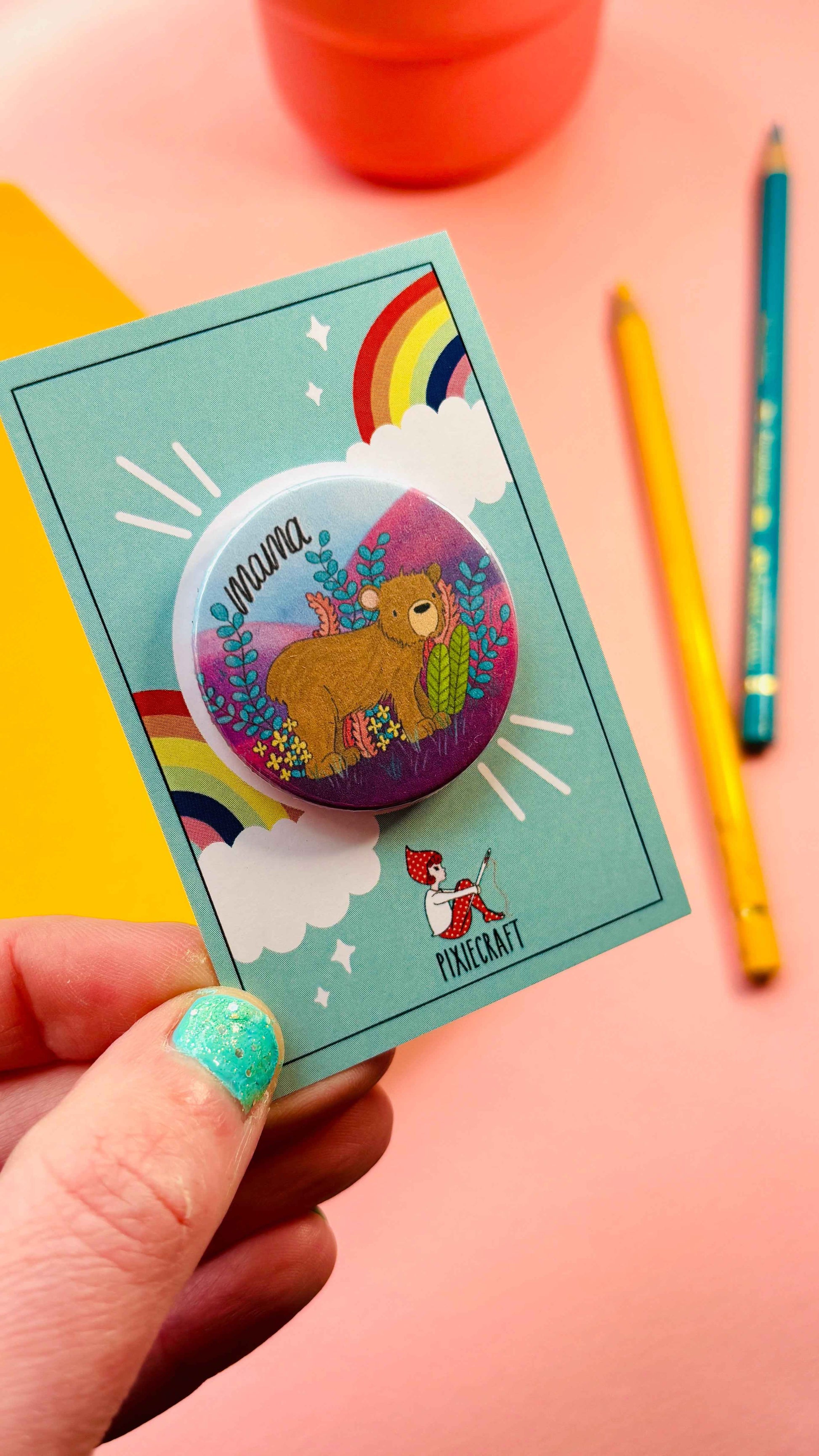 Brown Bear Illustrated Art Vibrant Pin Badge or Magnet- Multiple options available