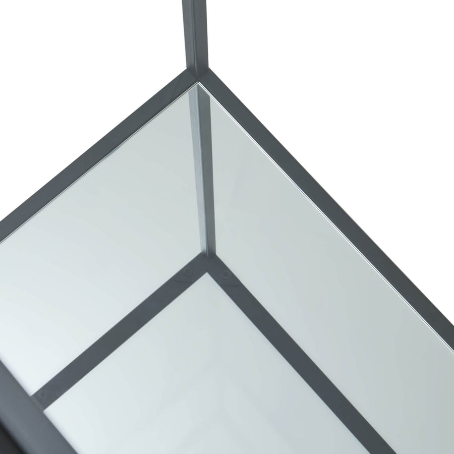 Lennox black metal console table with glass top, minimalist industrial design for modern interiors by Sostter at brixbailey.com