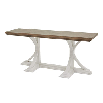 Handcrafted pine console table with mid-tone stain and white base, blending rustic wood grain with modern farmhouse style. by Sostter at brixbailey.com