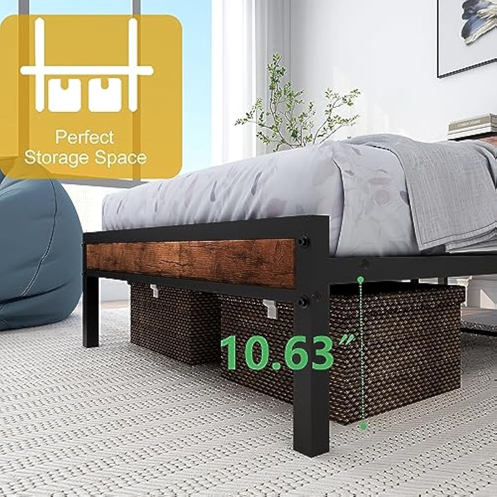 Single Bed Frame with Wooden Storage Headboard Shelf, Metal Frame, Black and Brown Oak