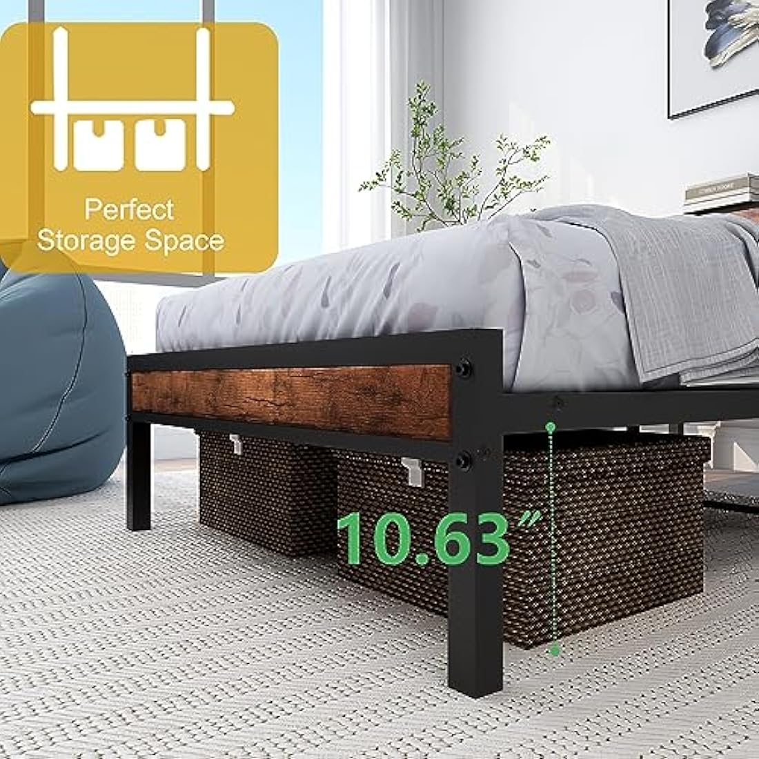Single Bed Frame with Wooden Storage Headboard Shelf, Metal Frame, Black and Brown Oak