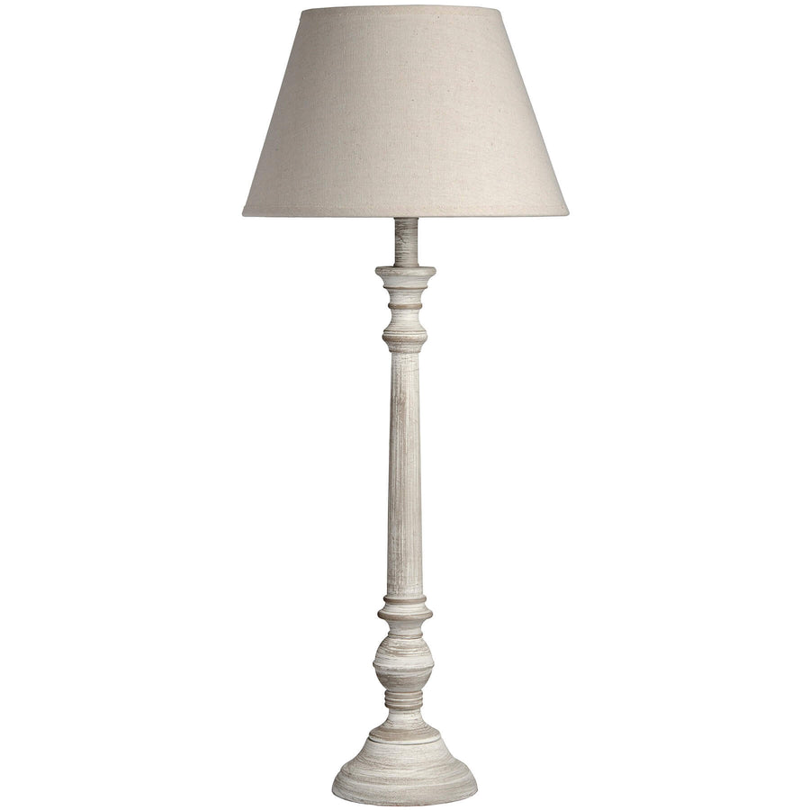 Handcrafted rustic shaker-style table lamp with grey-washed wood base and neutral linen shade for ambient lighting by Sostter at brixbailey.com