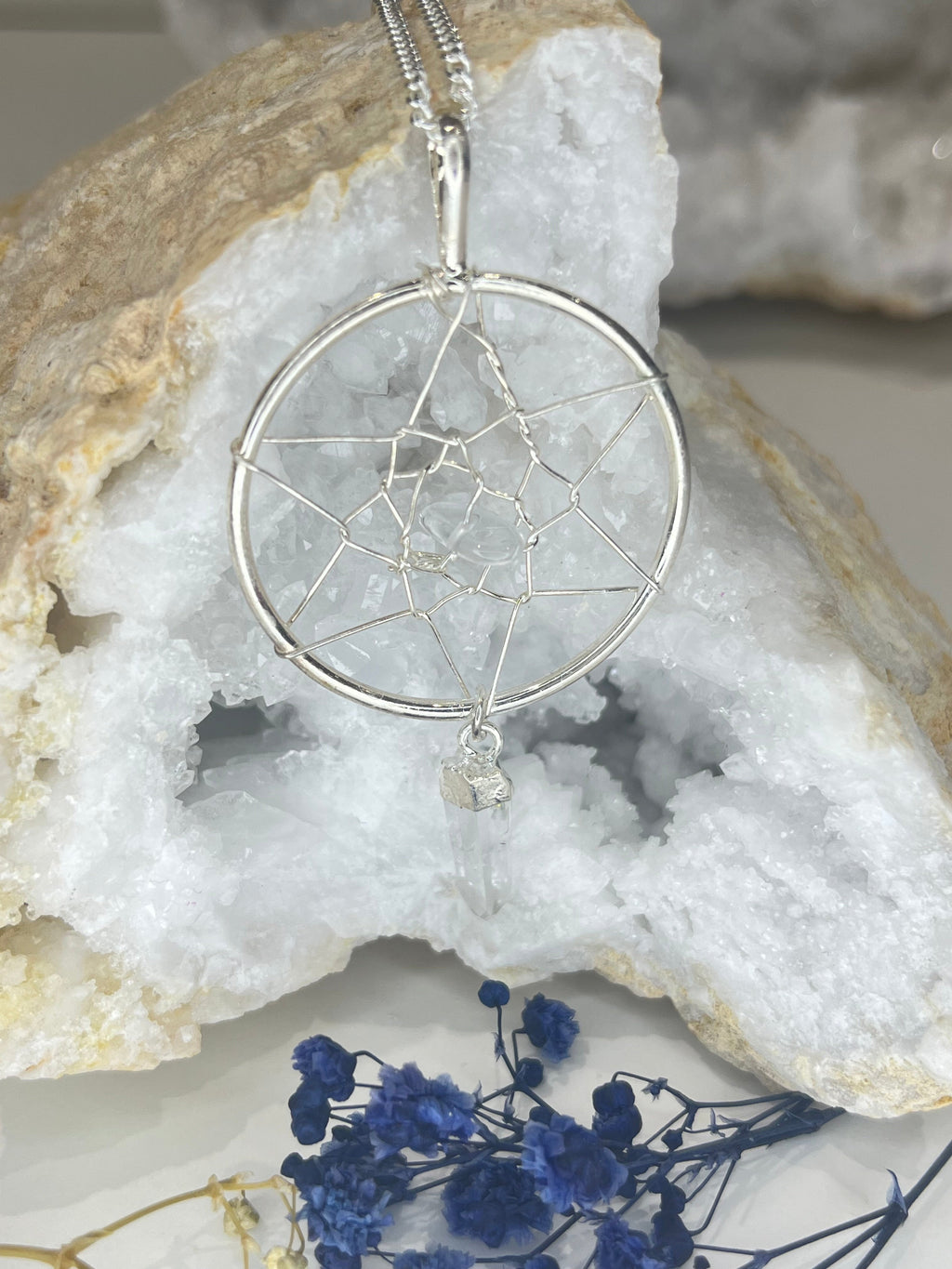 Quartz Dreamcatcher Pendant Necklace with Silver Plated Chain