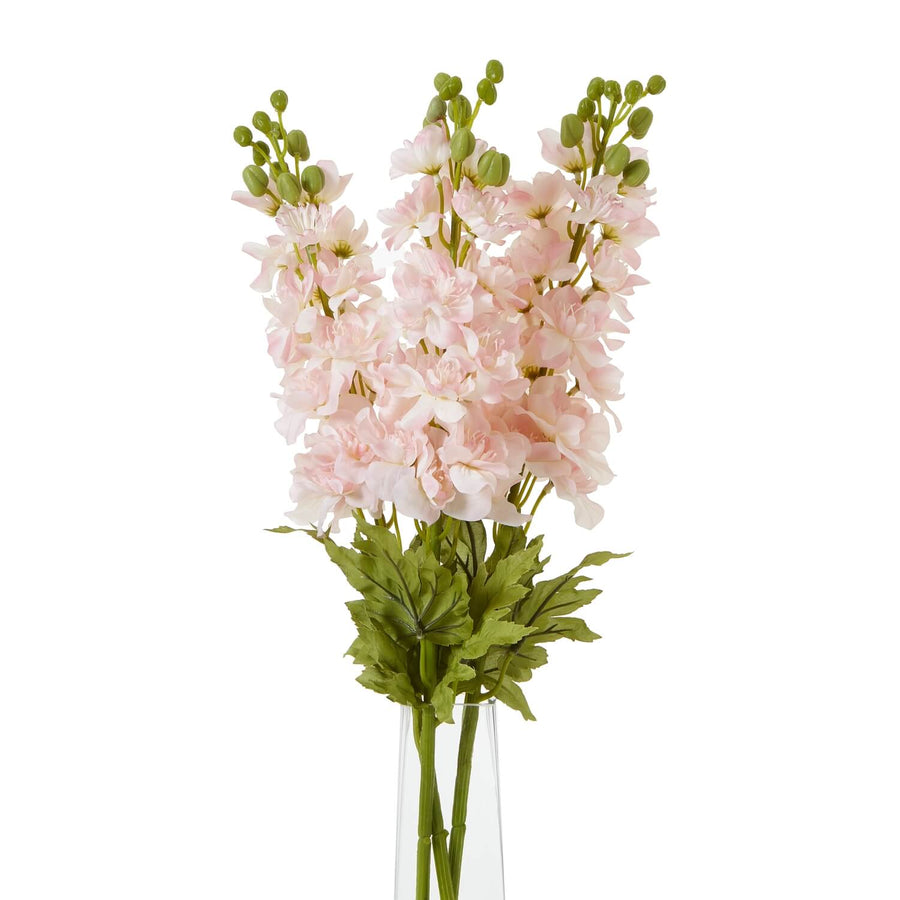 Lifelike pink artificial Delphinium stem with green leaves, 78cm tall, perfect for cottage-style floral arrangements. by Sostter at brixbailey.com