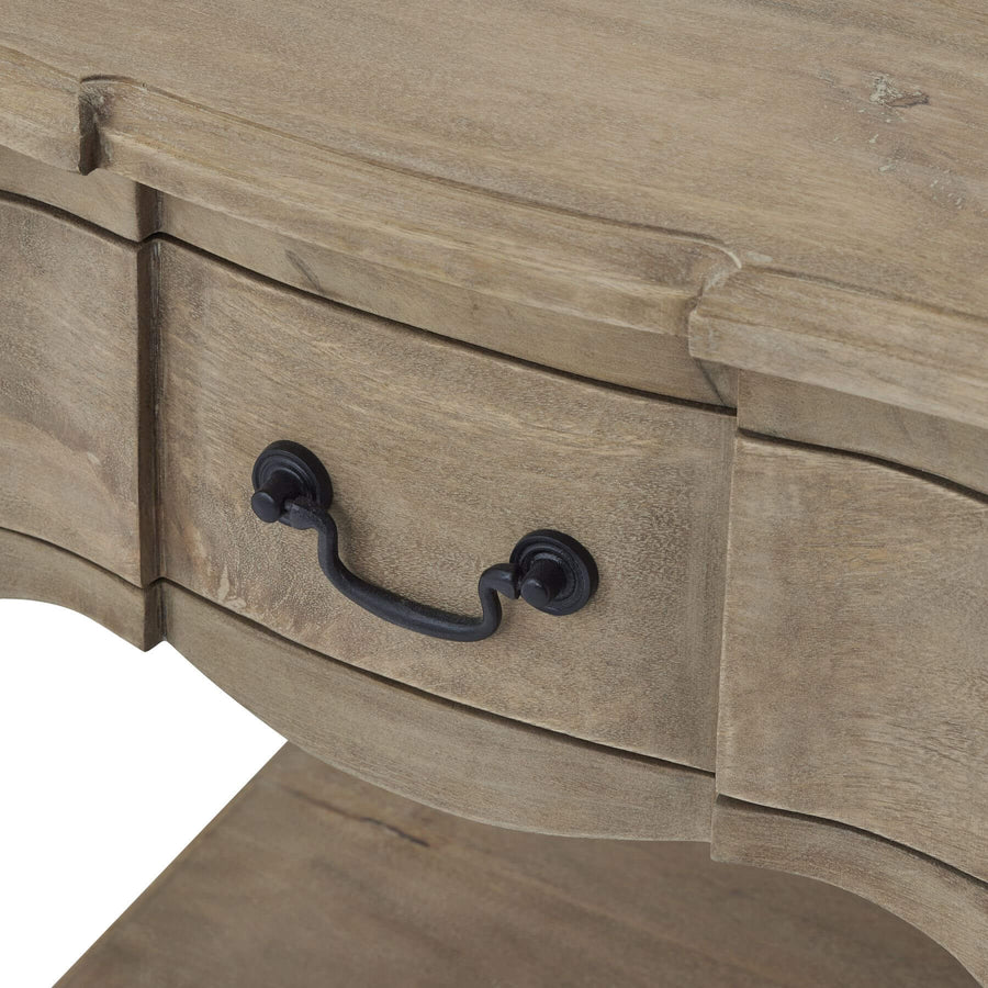 Handcrafted French provincial side table with hardwood construction, bleached finish, and black iron handles. by Sostter at brixbailey.com