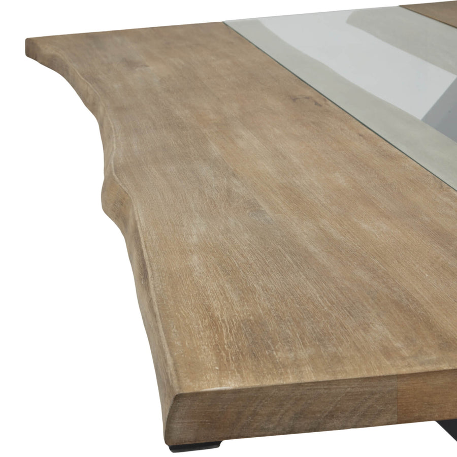 Live edge acacia dining table with natural grain, light finish, and black metal detailing - organic modern design. by Sostter at brixbailey.com