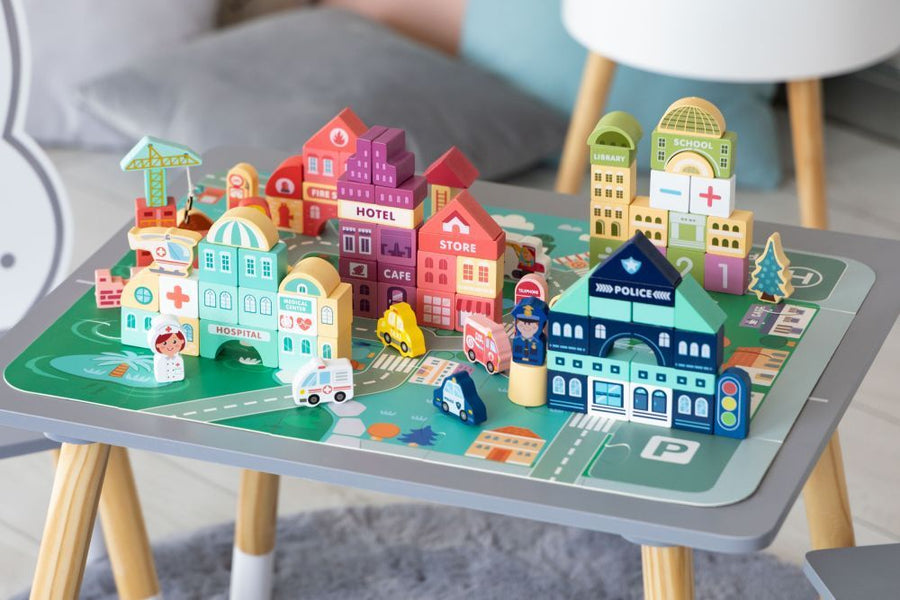 Wooden Blocks + Base City Set, 121 Pieces