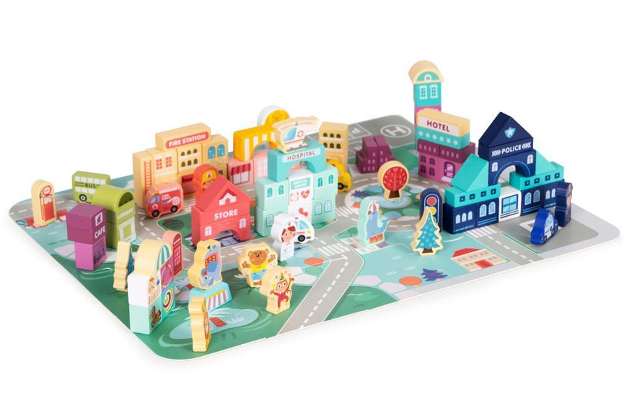 Wooden Blocks + Base City Set, 121 Pieces