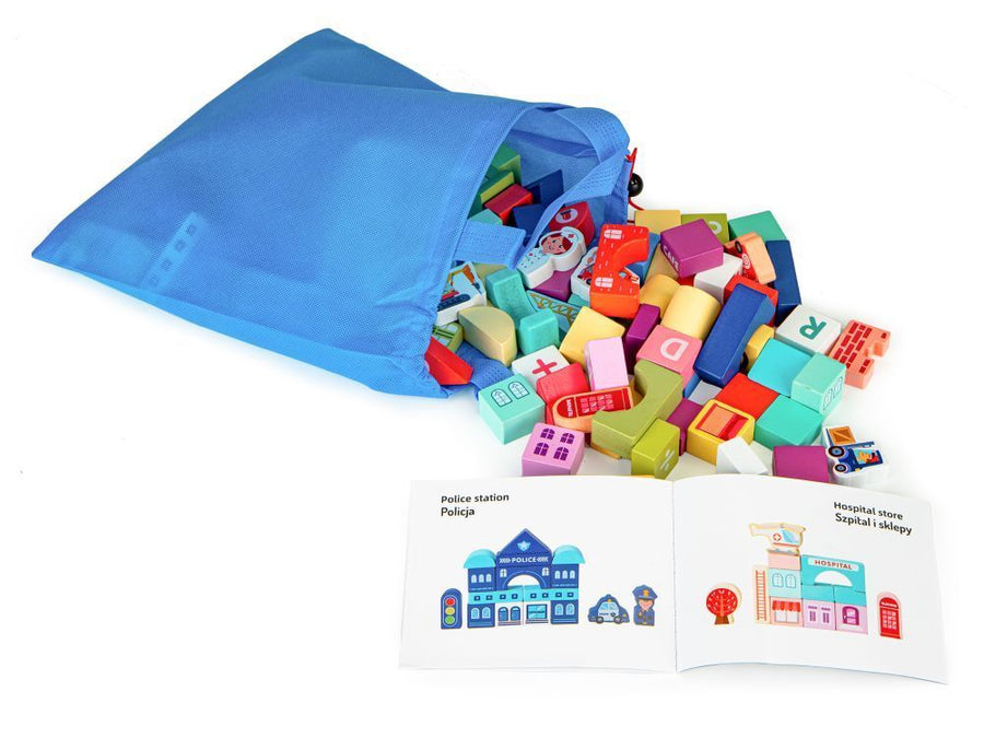 Wooden Blocks + Base City Set, 121 Pieces